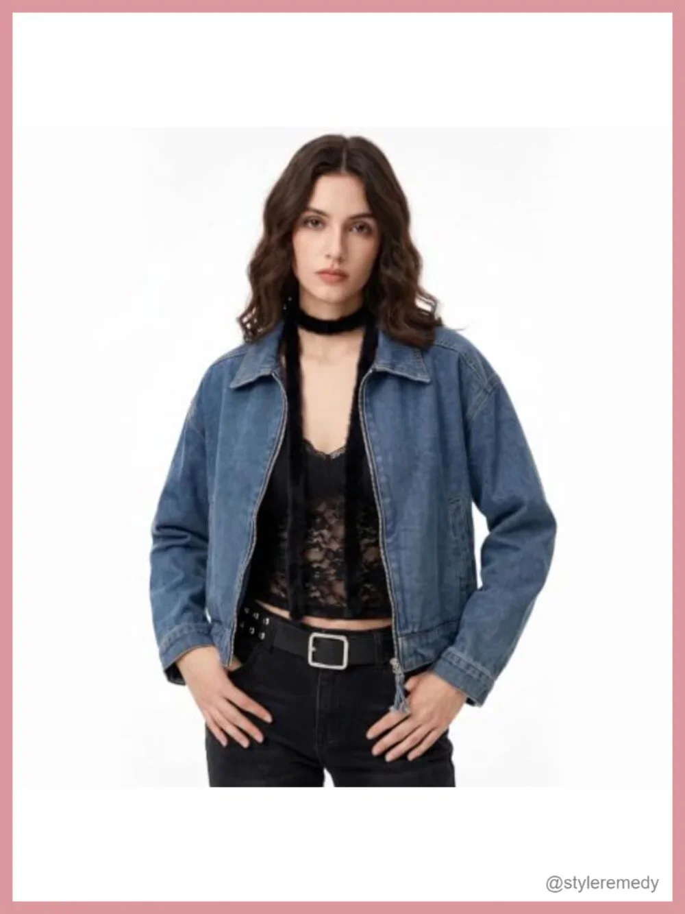 Women's Cropped Denim Bomber Jacket Loose Fit Zip Up Casual
